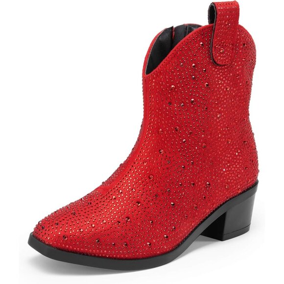 ⚡Girls Red Cowgirl Rhinestone Zipper Boots Ankle Low Heel Dress Booties - Picture 1 of 5